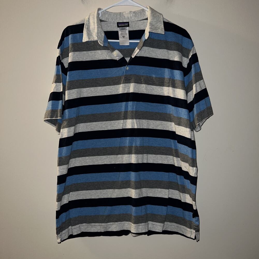 Patagonia Organic Cotton Striped Blue Gray White Pocket polo men's XL